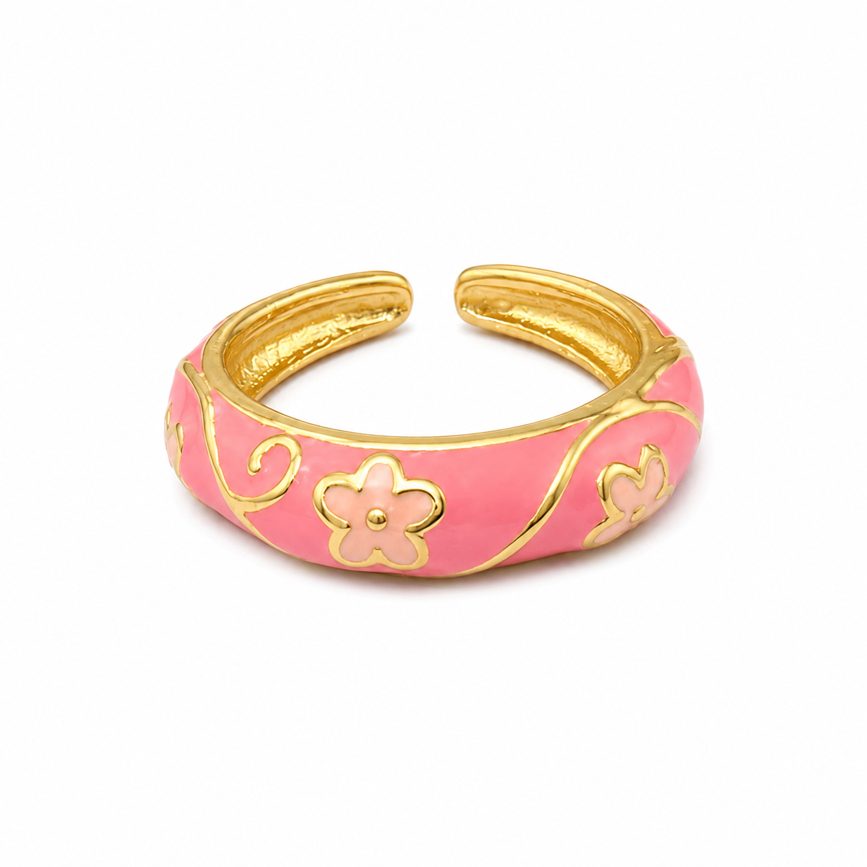 Pink Blossom Enamel Ring in gold-tone stainless steel with soft pink floral enamel, adjustable, waterproof, anti-tarnish, lightweight, and hypoallergenic for everyday wear.