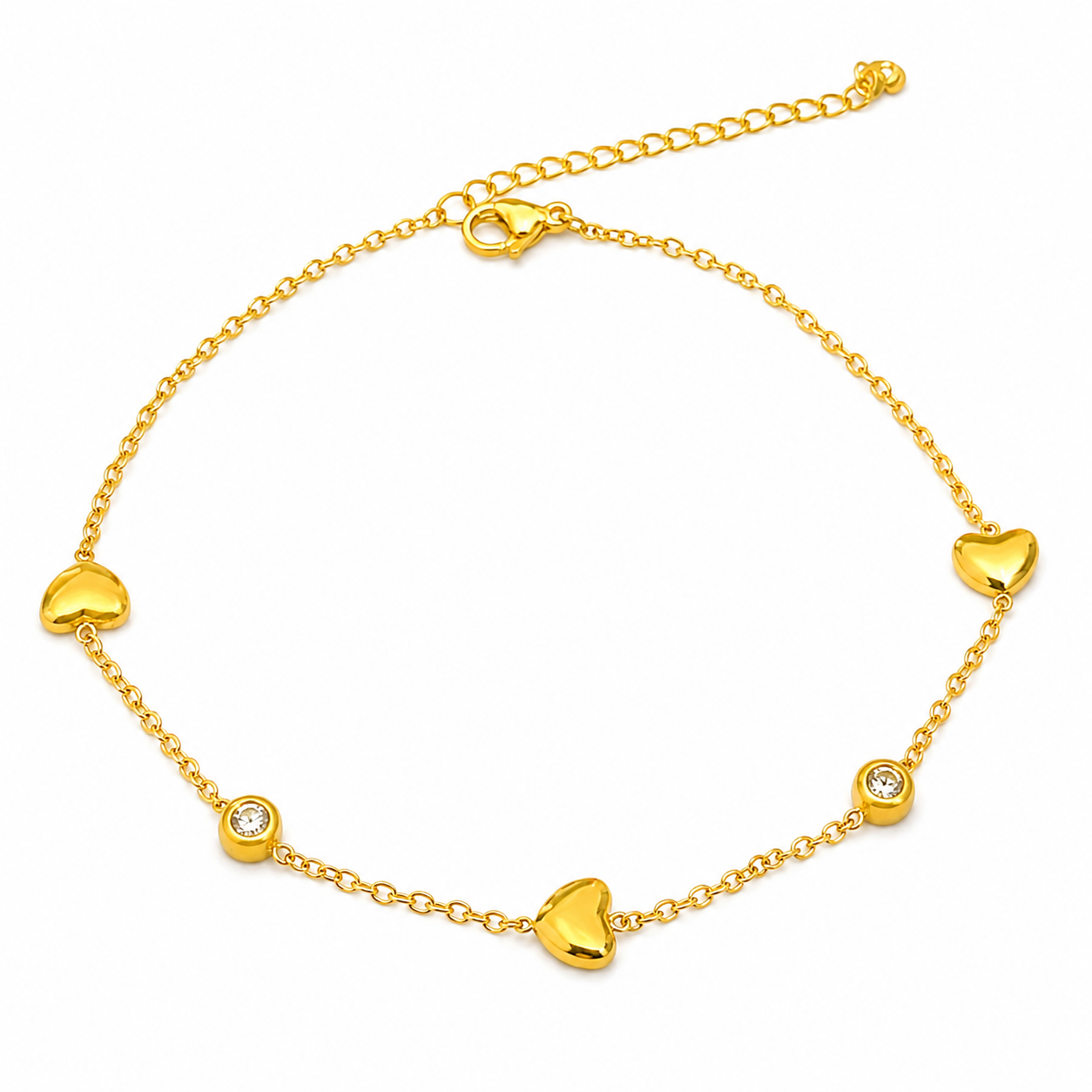 Golden Heartbeat gold heart anklet with CZ accents and delicate chain design