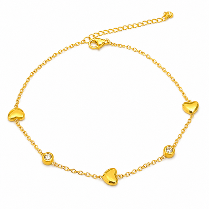 Golden Heartbeat gold heart anklet with CZ accents and delicate chain design