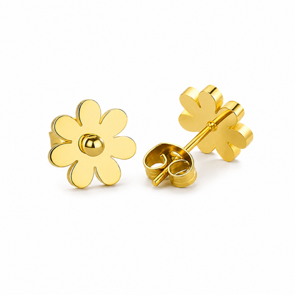 Bloom Dot Flower Stud Earrings in polished 18K gold PVD stainless steel featuring a minimalist daisy floral design with butterfly backs.