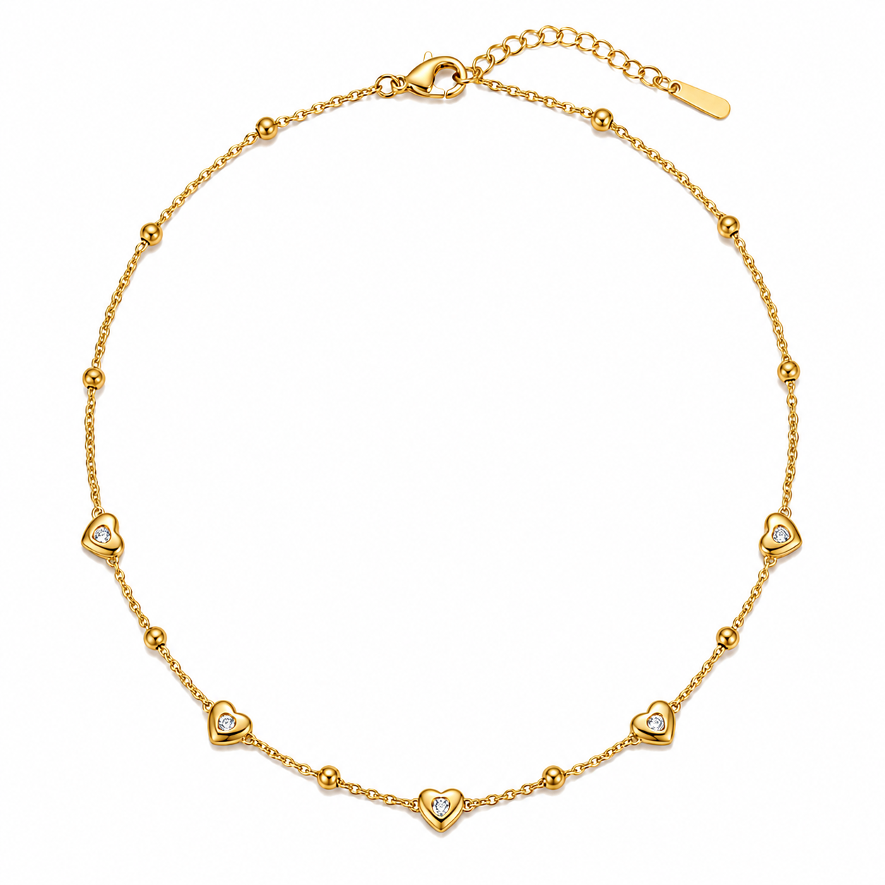 Heart & Halo Gold Necklace with heart-shaped crystal accents, dainty gold chain and beaded details