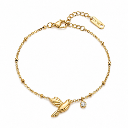 Golden Hummingbird Crystal Charm Bracelet for women, waterproof 18K gold plated stainless steel bracelet with CZ charm