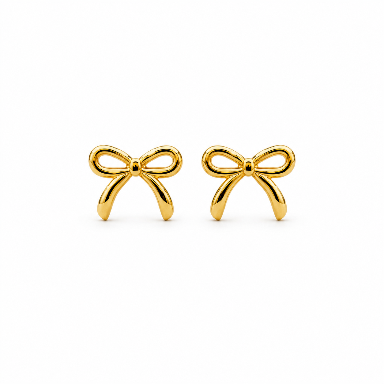 Gold Bow Stud Earrings in waterproof anti-tarnish stainless steel, hypoallergenic minimalist ribbon earrings for everyday wear.