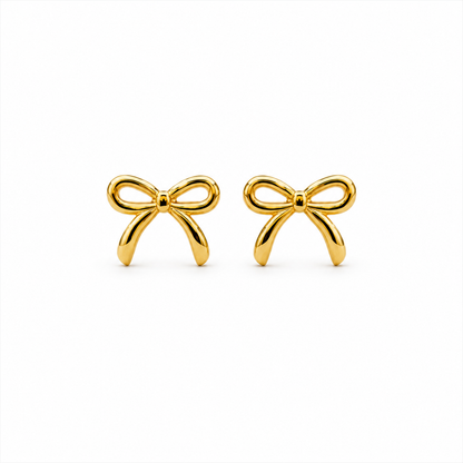 Gold Bow Stud Earrings in waterproof anti-tarnish stainless steel, hypoallergenic minimalist ribbon earrings for everyday wear.