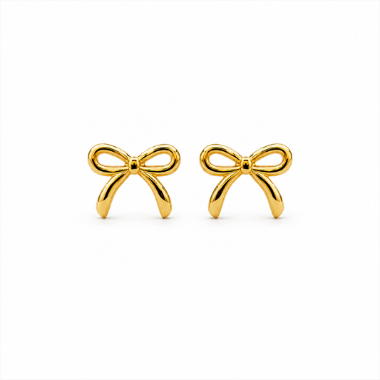 Gold Bow Stud Earrings in waterproof anti-tarnish stainless steel, hypoallergenic minimalist ribbon earrings for everyday wear.