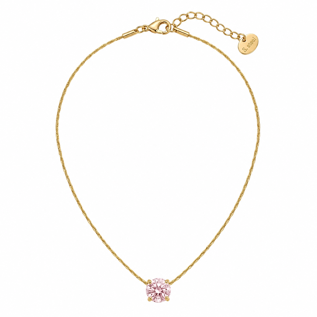 Dainty pink pendant gold necklace with round sparkling stone, waterproof anti-tarnish stainless steel