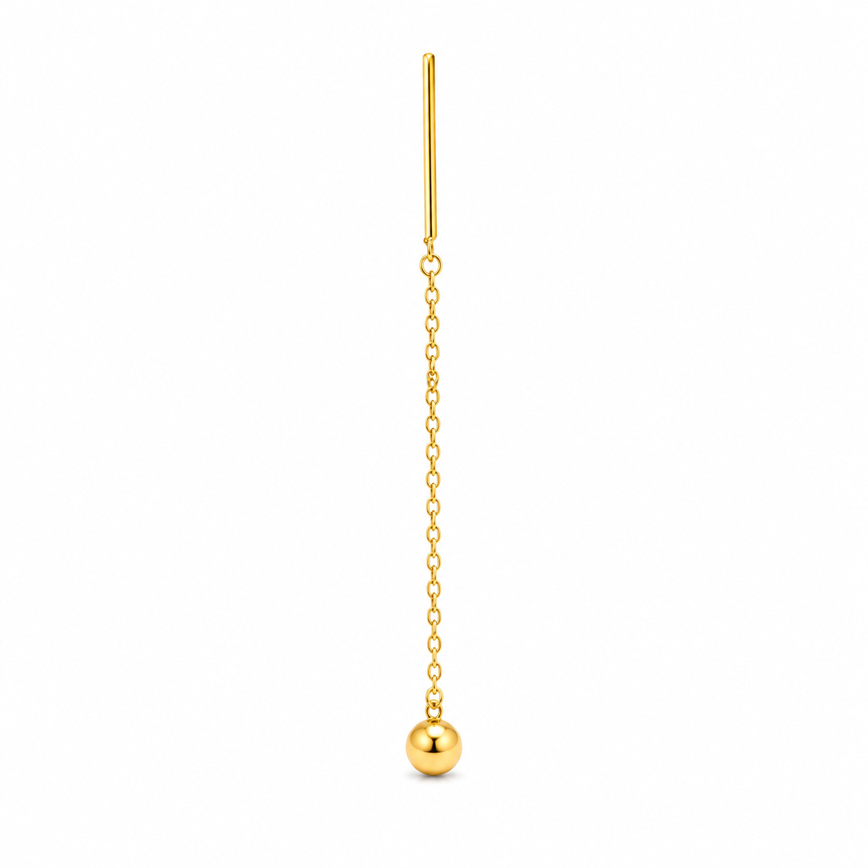Luna Gold Ball Threader Earrings in 18K gold PVD stainless steel featuring a minimalist chain drop design, waterproof, anti-tarnish, and hypoallergenic.