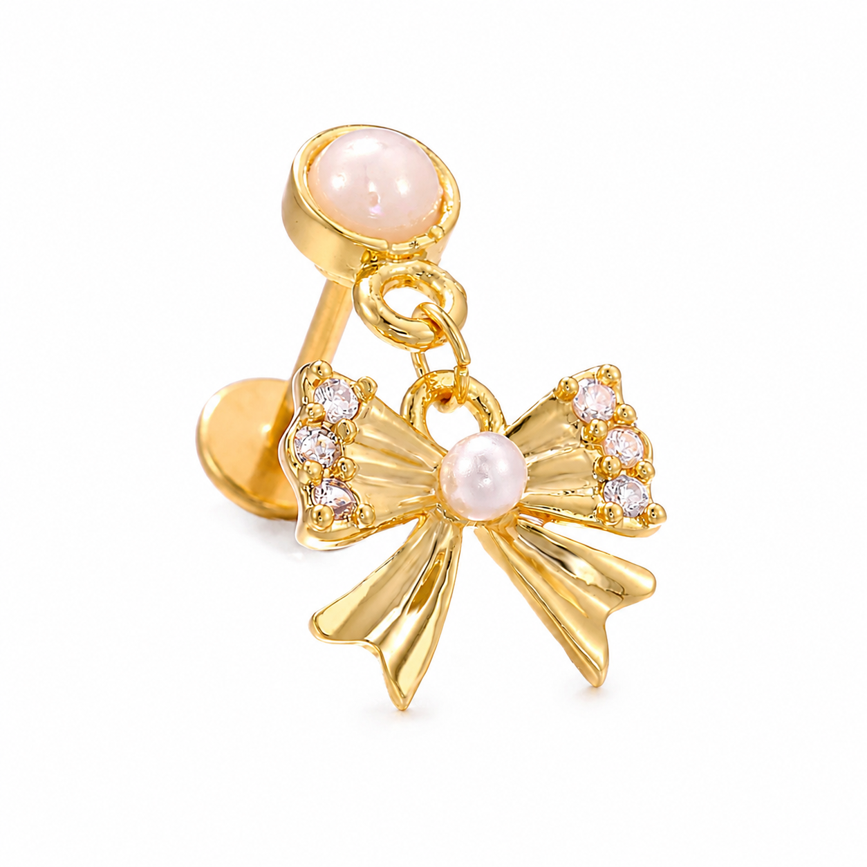 Bow Pearl Stud Earrings in gold stainless steel with blush pearl center and sparkling cubic zirconia accents, waterproof, anti-tarnish, lightweight, hypoallergenic jewelry for women.