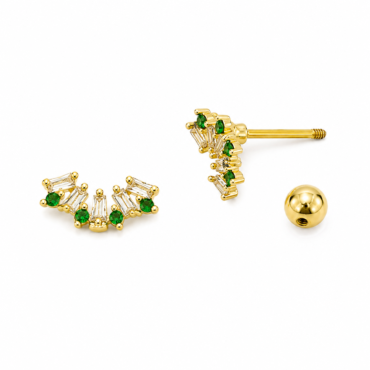 Emerald Reef Stud Earrings in gold with emerald green cubic zirconia, waterproof anti-tarnish stainless steel, lightweight hypoallergenic stud earrings for everyday wear and secondary piercings.
