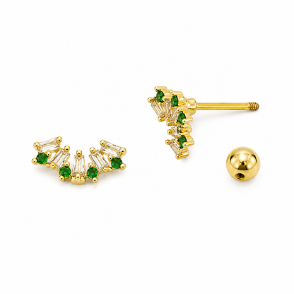 Emerald Reef Stud Earrings in gold with emerald green cubic zirconia, waterproof anti-tarnish stainless steel, lightweight hypoallergenic stud earrings for everyday wear and secondary piercings.