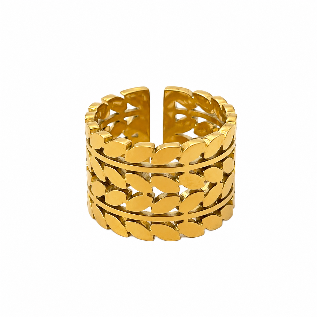 Golden Leaf Vine Ring – gold-tone botanical statement ring in lightweight stainless steel