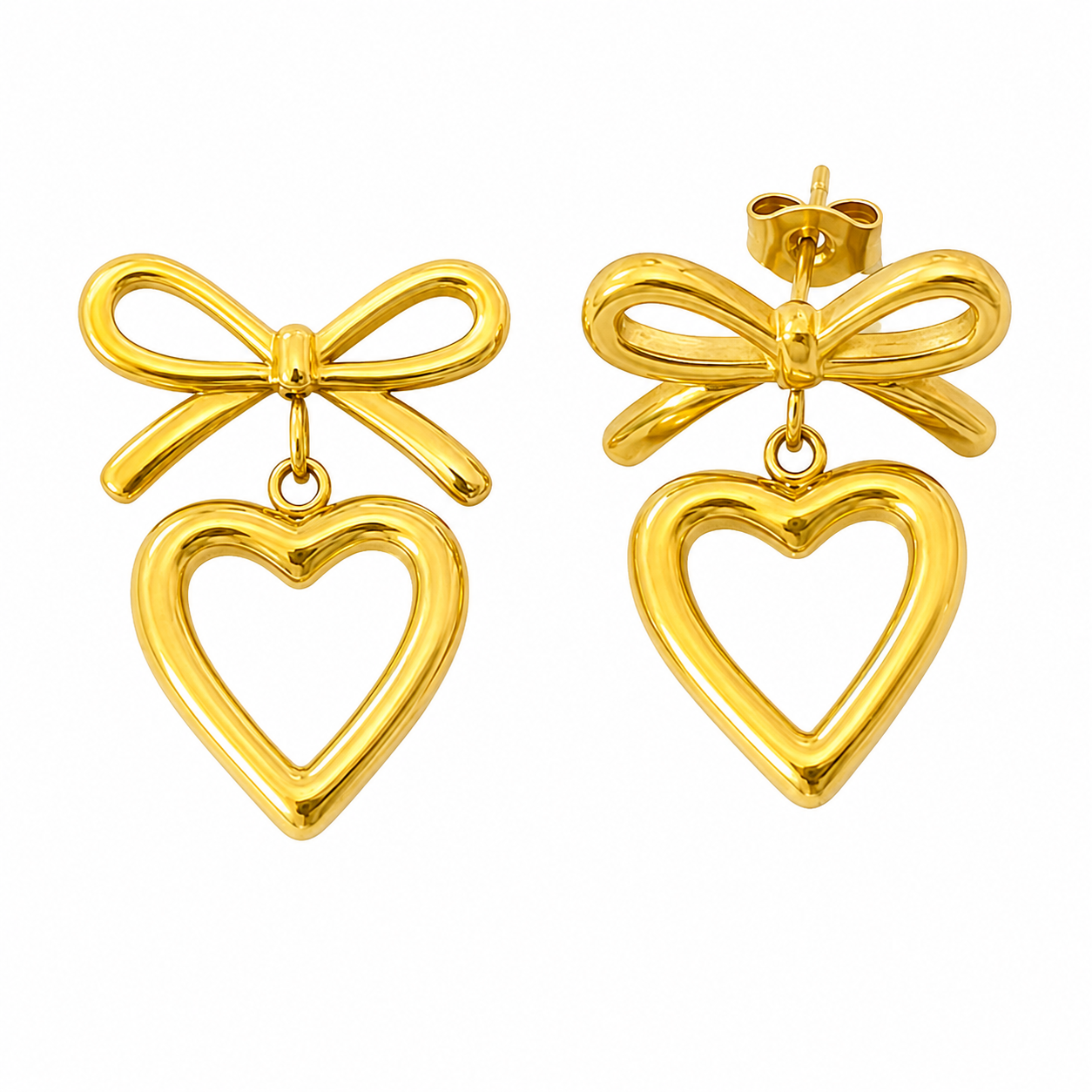 Cupid Bow Heart Drop Earrings in gold waterproof stainless steel featuring a bow and open heart design, anti-tarnish, lightweight, hypoallergenic dangle earrings for women.