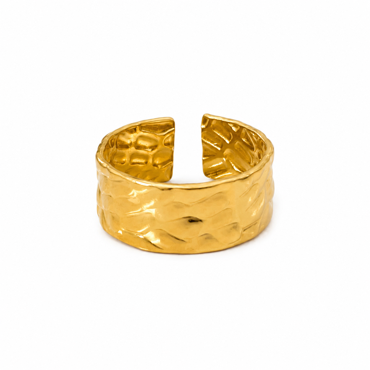 Martelé gold hammered statement ring in lightweight stainless steel, waterproof and anti-tarnish