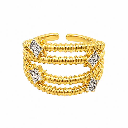 Crownweave Gold Ring with layered textured design, gold-tone finish and silver-tone diamond accents