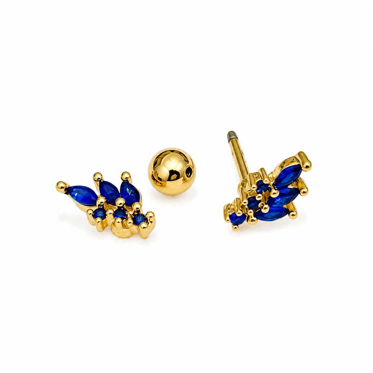 Blue Sapphire Floral Gold Stud Earrings – waterproof anti-tarnish stainless steel earrings for everyday wear and secondary piercings
