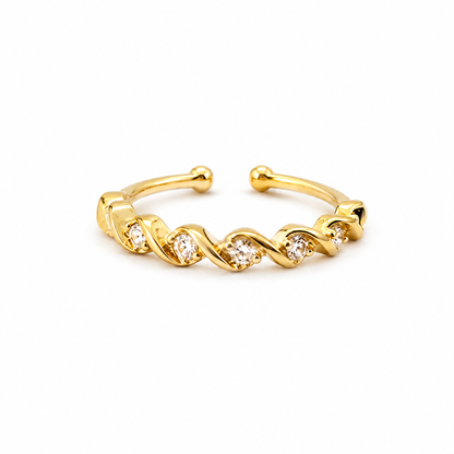 Twist & Sparkle Gold Ring with twisted wave design and sparkling crystal accents, waterproof anti-tarnish stainless steel ring