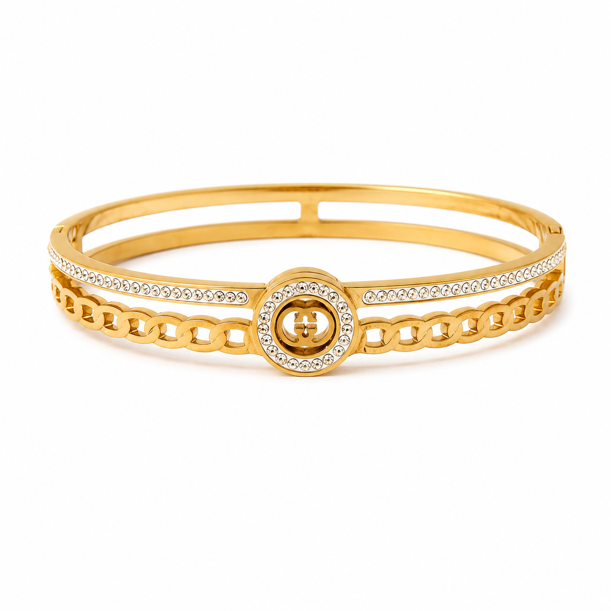 Luxury Crystal Chain Hinged Bangle Bracelet for Women in 18K PVD Gold-Plated 316L Stainless Steel with Cubic Zirconia Crystals, Waterproof Anti-Tarnish Jewelry