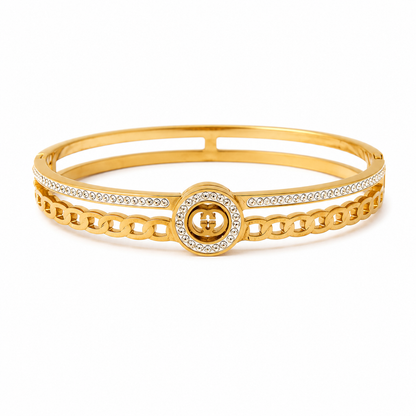 Luxury Crystal Chain Hinged Bangle Bracelet for Women in 18K PVD Gold-Plated 316L Stainless Steel with Cubic Zirconia Crystals, Waterproof Anti-Tarnish Jewelry