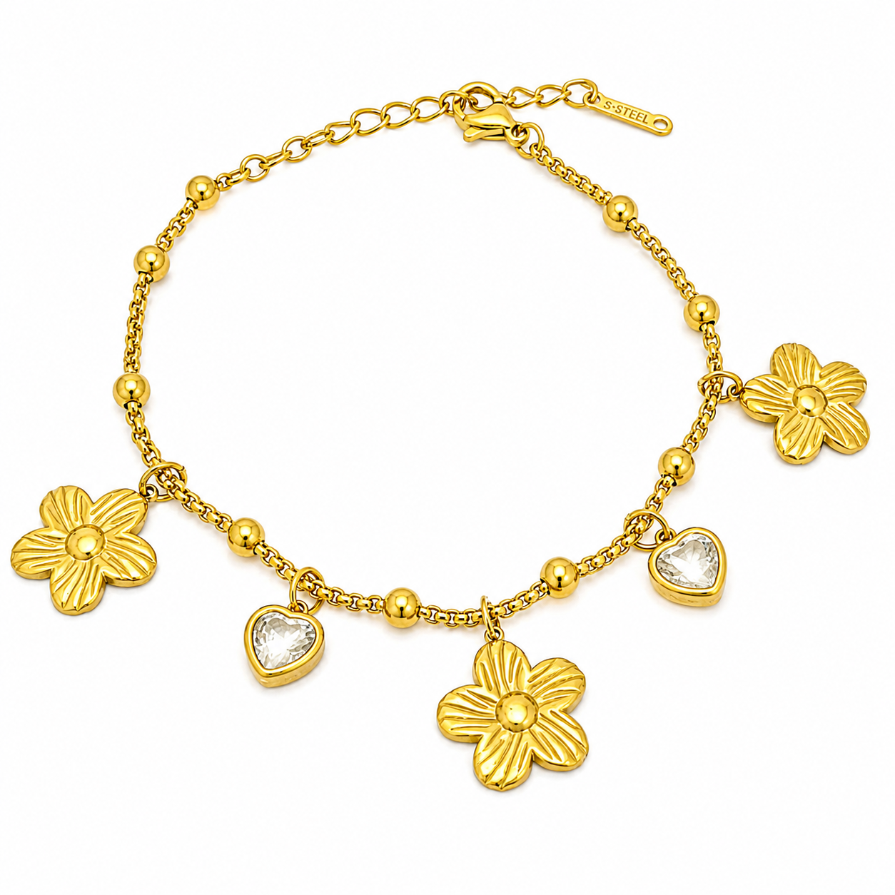 Love in Bloom Gold Bracelet with flower and heart charms, crystal details and adjustable chain