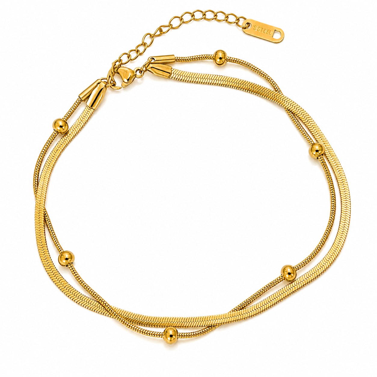 Golden Rhythm double-layer gold beaded anklet with adjustable extension chain, stainless steel finish, single piece
