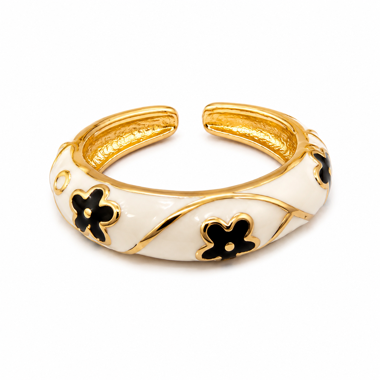 Monochrome Blossom Enamel Ring in gold with black and ivory floral enamel, adjustable waterproof anti-tarnish stainless steel statement ring for women.