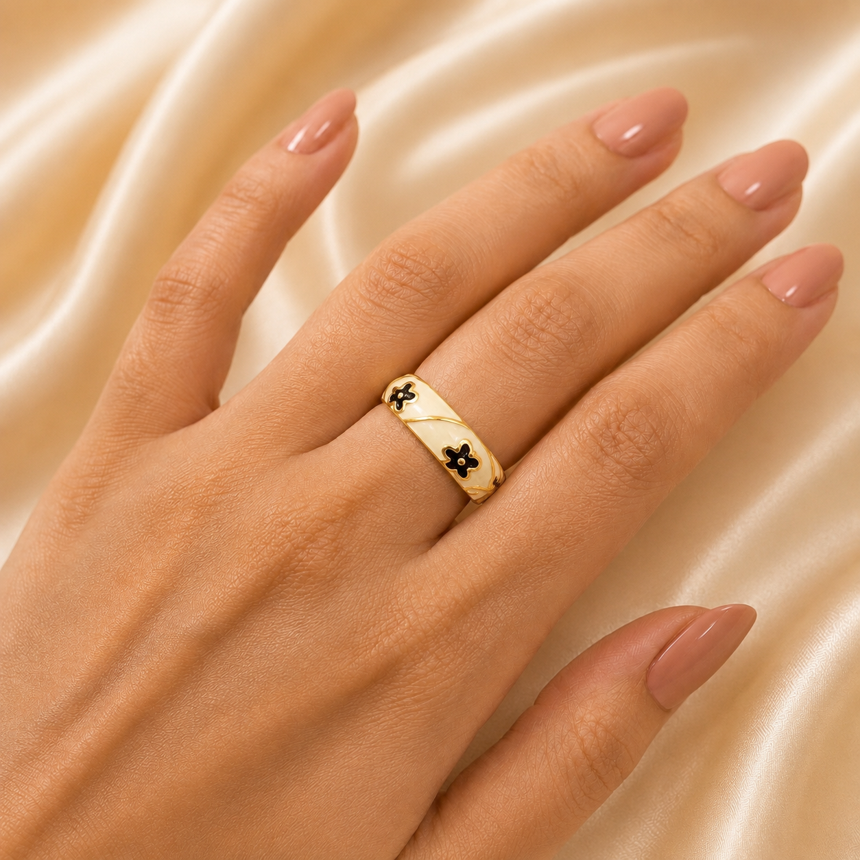 Monochrome Blossom Enamel Ring