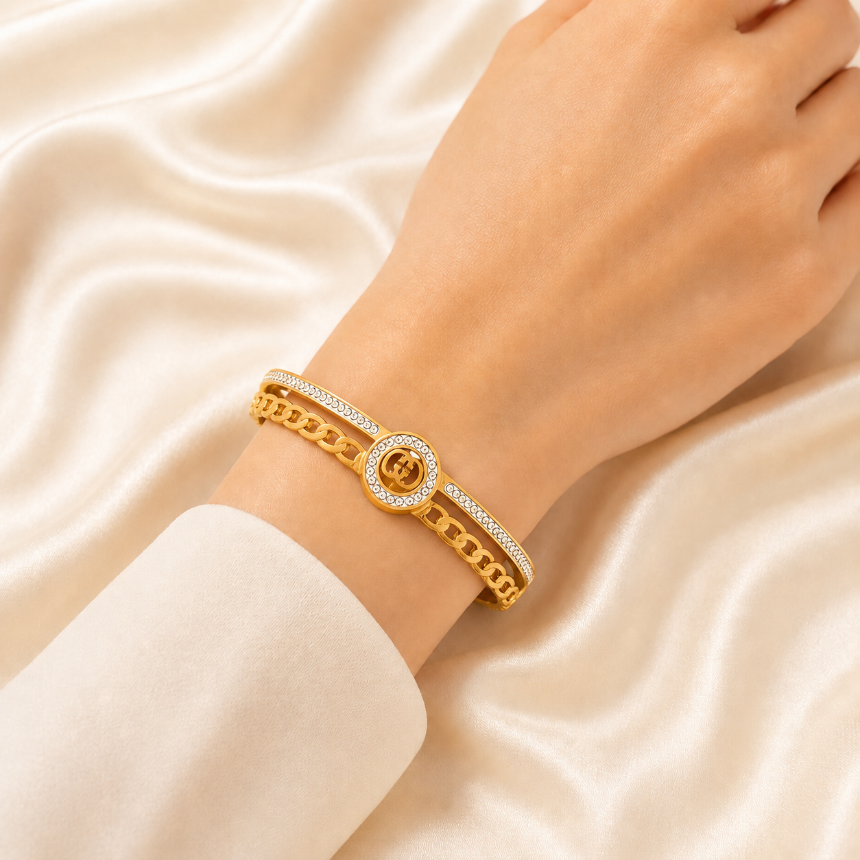 Crystal Chain Gold Cuff Bangle Bracelet