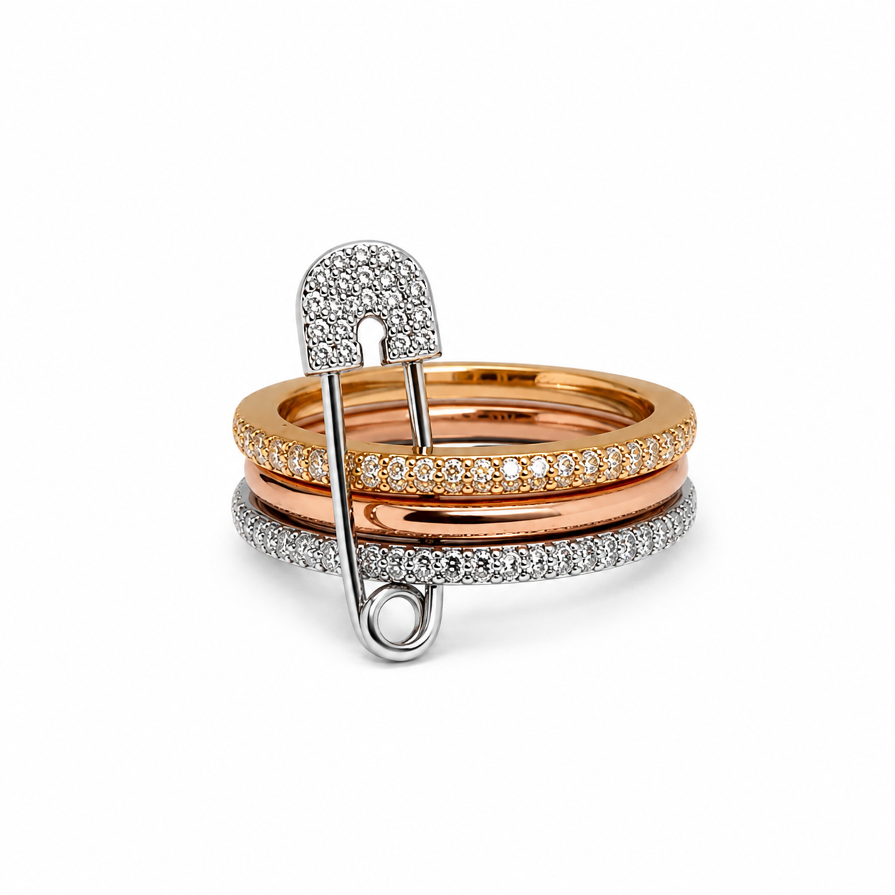 Pin & Promise Ring in gold and silver with sparkling crystal safety pin design – waterproof anti-tarnish stainless steel ring