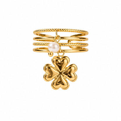 Golden Clover Pearl Ring in polished gold with four-leaf clover charm and pearl accent, waterproof anti-tarnish stainless steel ring