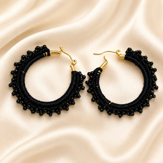 Black Hand-Crocheted Hoops