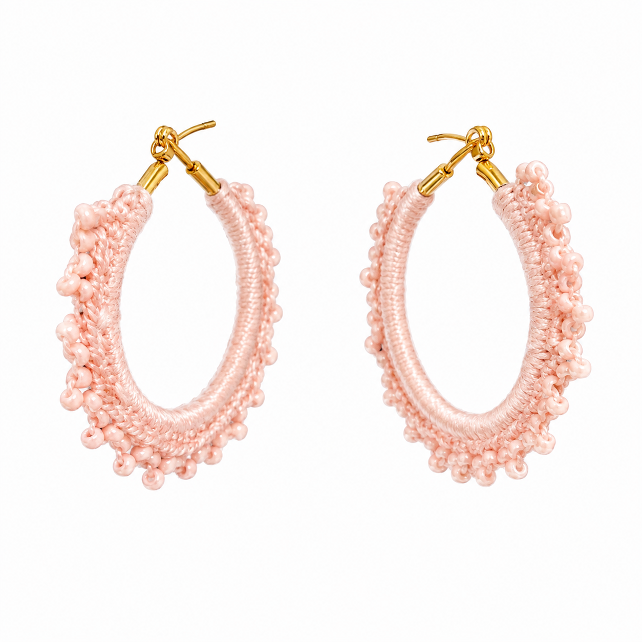 Baby pink hand-crocheted beaded round hoop earrings with pink beads, lightweight waterproof handmade jewellery