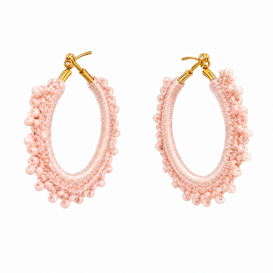 Baby pink hand-crocheted beaded round hoop earrings with pink beads, lightweight waterproof handmade jewellery