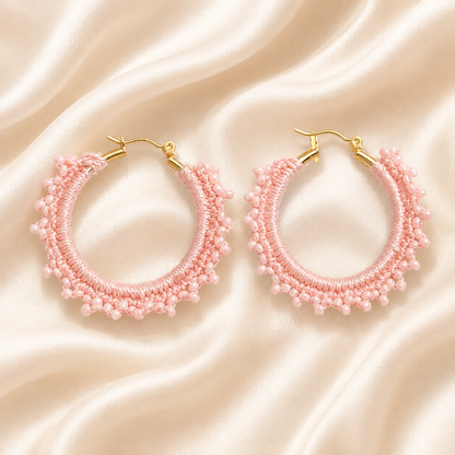 Baby Pink Hand-Crocheted Beaded Hoop Earrings