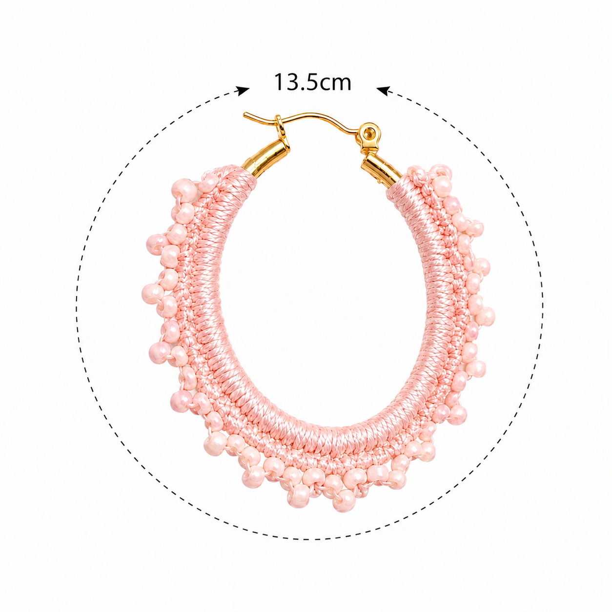 Baby Pink Hand-Crocheted Beaded Hoop Earrings