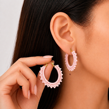 Baby Pink Hand-Crocheted Beaded Hoop Earrings