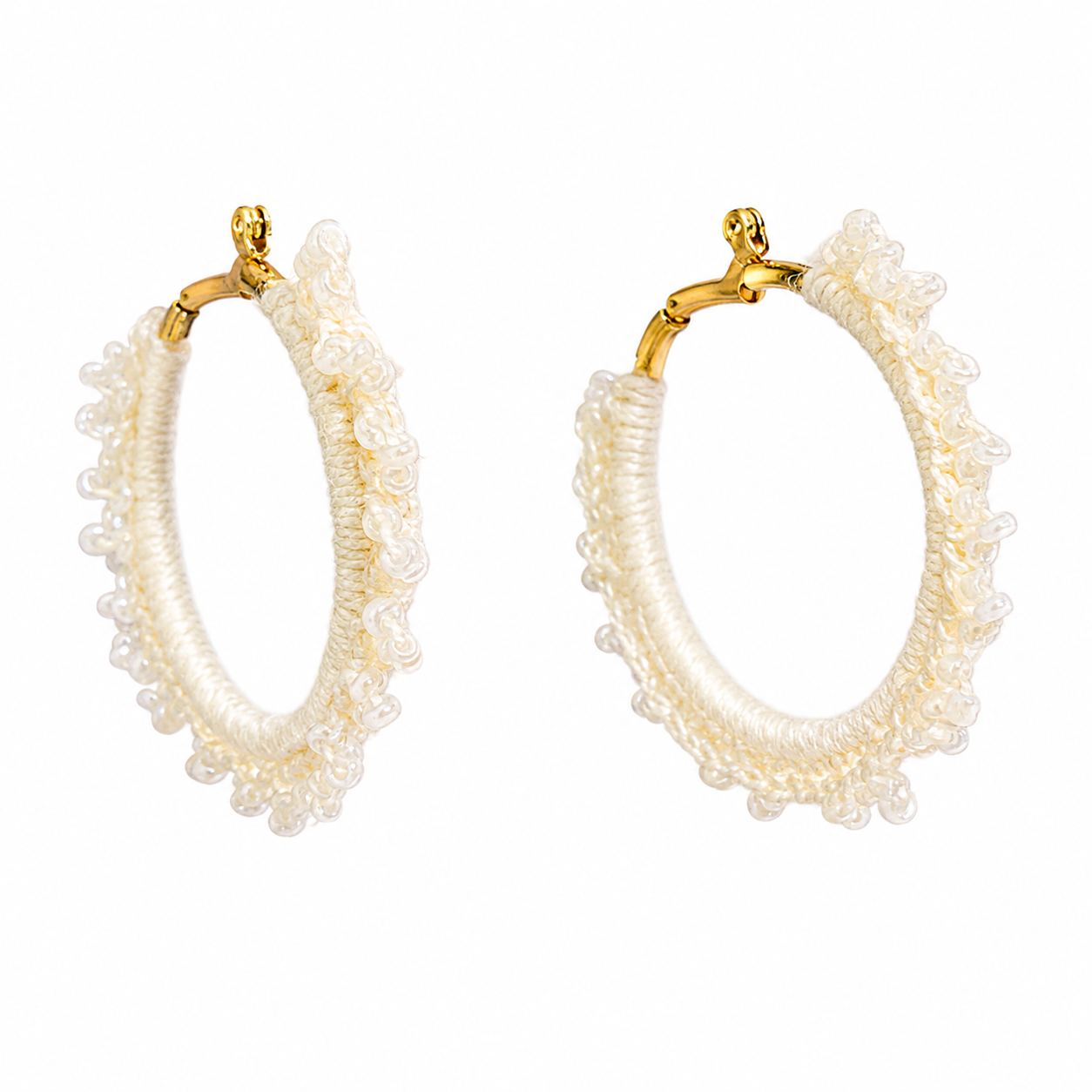Honey white hand-crocheted beaded round hoop earrings with glass white beads, handmade lightweight waterproof jewellery