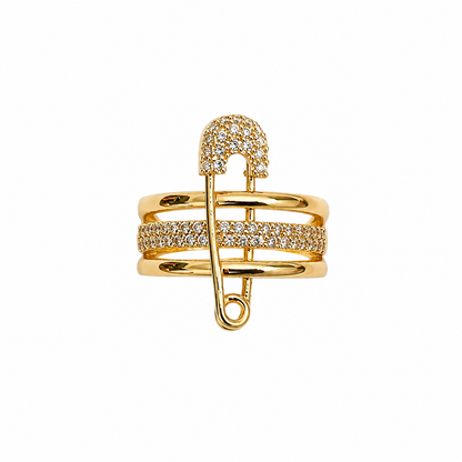 Golden Promise Safety Pin Ring in gold with sparkling pavé crystals, waterproof anti-tarnish stainless steel statement ring