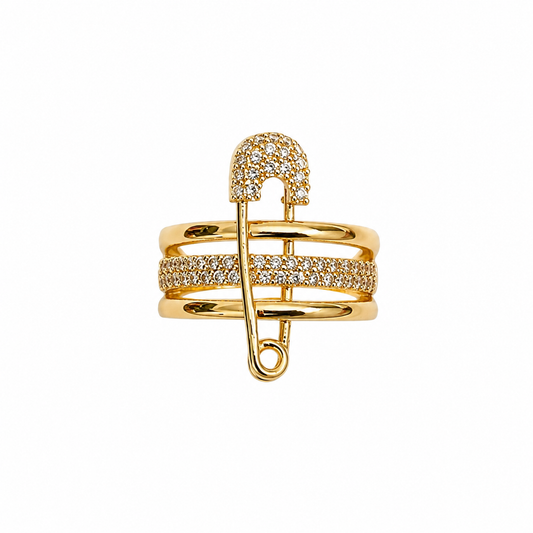 Golden Promise Safety Pin Ring in gold with sparkling pavé crystals, waterproof anti-tarnish stainless steel statement ring