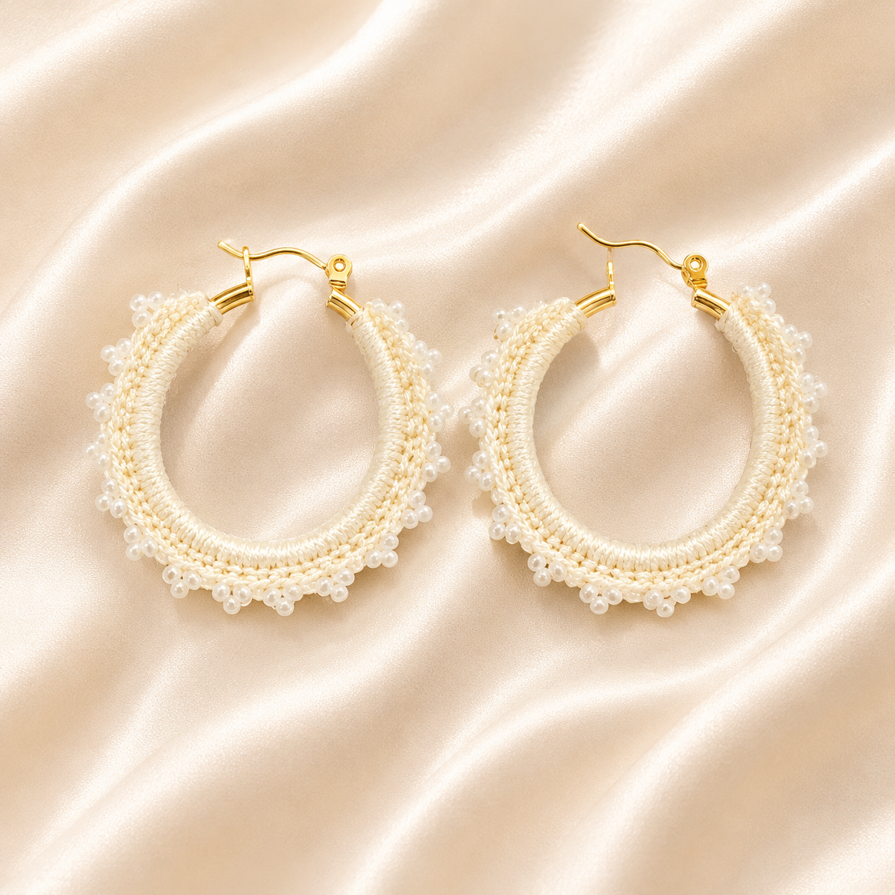 Honied White Hand-Crocheted Beaded Hoop Earrings