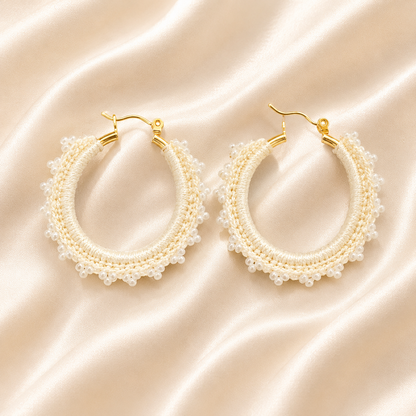 Honied White Hand-Crocheted Beaded Hoop Earrings