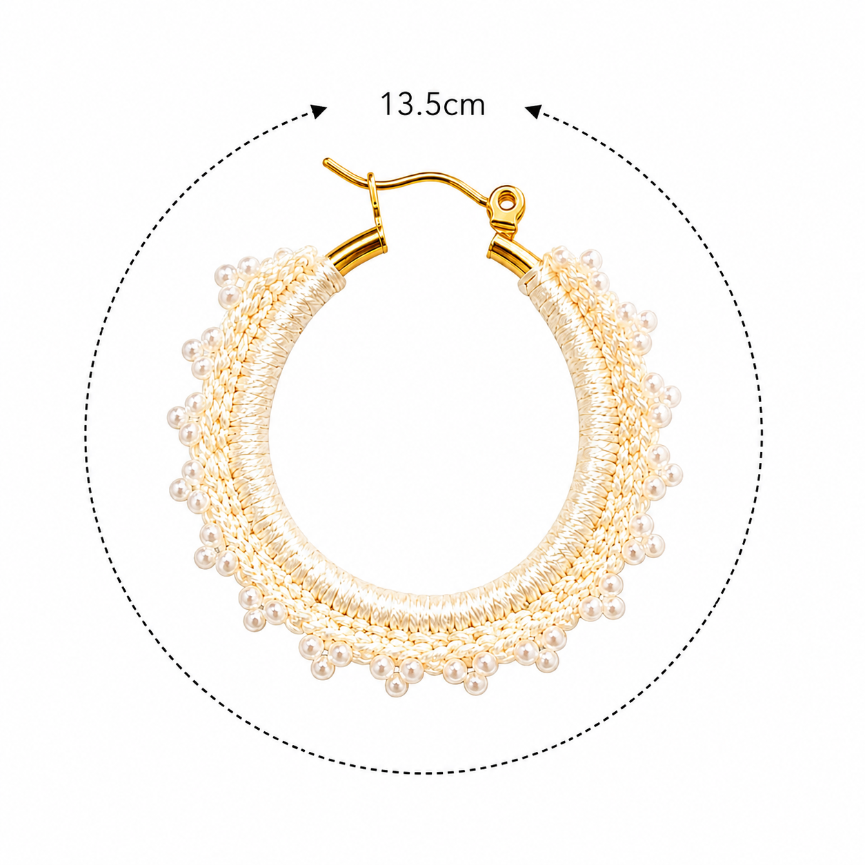 Honied White Hand-Crocheted Beaded Hoop Earrings