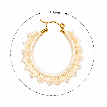 Honied White Hand-Crocheted Beaded Hoop Earrings