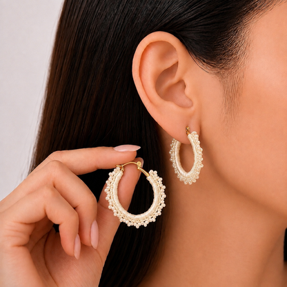 Honied White Hand-Crocheted Beaded Hoop Earrings