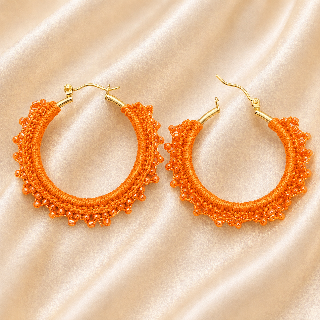 Coral Hand-Crocheted Beaded Hoop Earrings