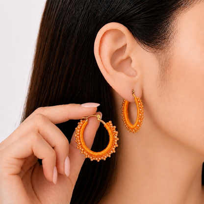 Coral Hand-Crocheted Beaded Hoop Earrings
