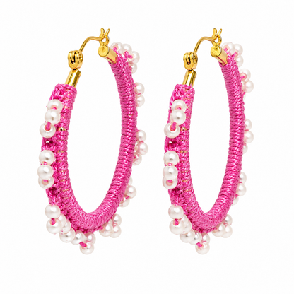 Bright rose hand-crocheted beaded round hoop earrings with white pearl-style beads, handmade lightweight waterproof jewellery