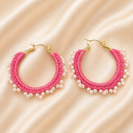 Bright Rose-Crocheted Beaded Hoop Earrings