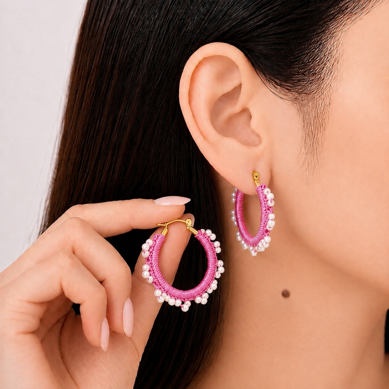Bright Rose-Crocheted Beaded Hoop Earrings