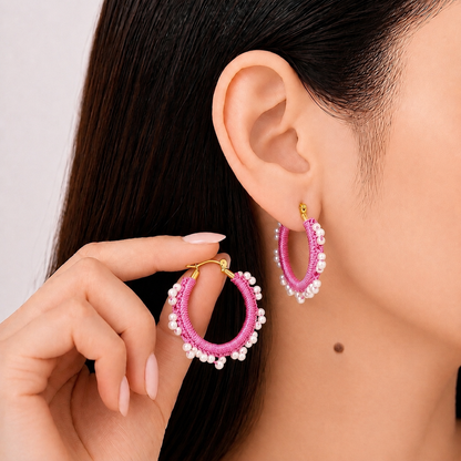 Bright Rose-Crocheted Beaded Hoop Earrings