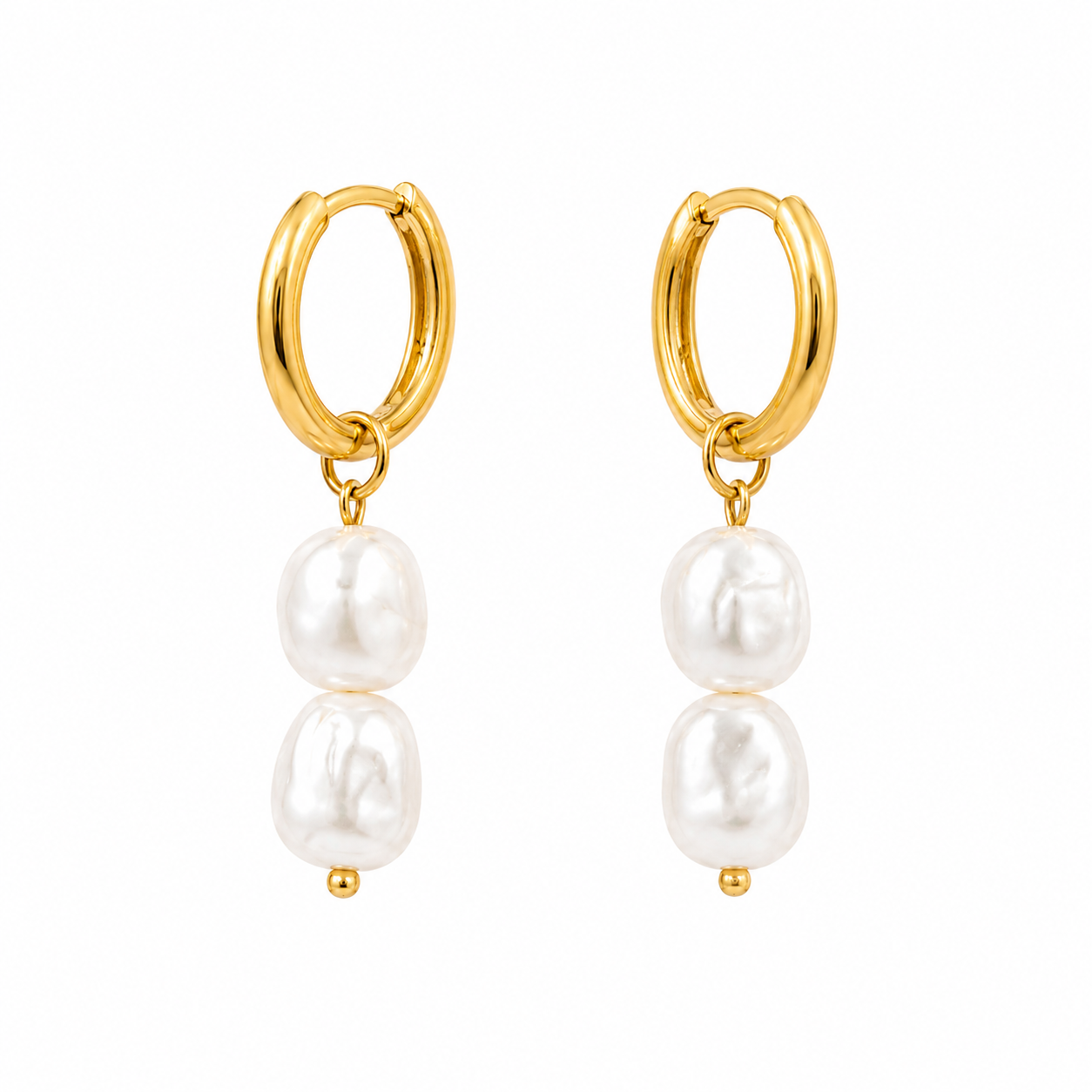 Golden Pearl Drop Huggie Earrings with white pearl drops, waterproof anti-tarnish gold stainless steel